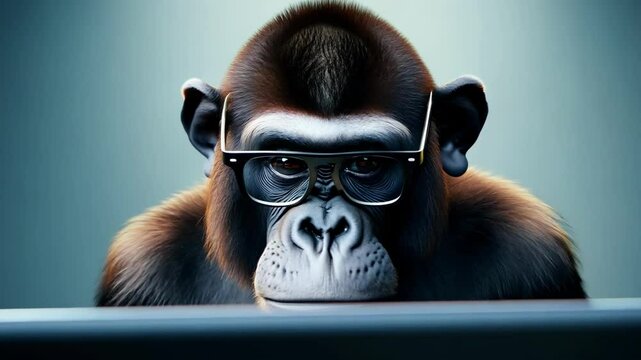 A gorilla wearing glasses sits at a computer, symbolizing intelligence, technology, and humor. Great for tech and entertainment themes with a fun twist.