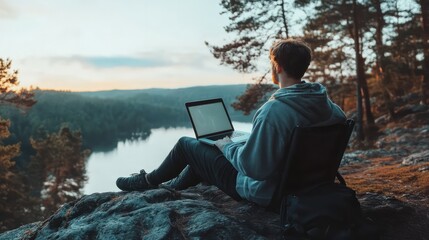Remote Work Serenity: Man working on laptop overlooking serene lake at sunset 