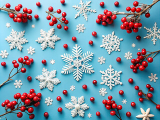 Christmas or winter composition. Snowflakes and red berries on blue background. Christmas, winter, new year concept. Flat lay, top view, copy space