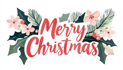 Delicate watercolor painting with "Merry Christmas" in soft red and green hues, surrounded by a wreath of pine, mistletoe, and delicate flowers