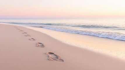 Tranquil beach scene with footprints in the sand leading to gentle waves under a pastel sky at sunset.