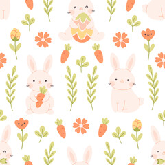 Seamless pattern with cute Easter bunnies, carrots, flowers. Spring seamless pattern. Vector illustration in flat style