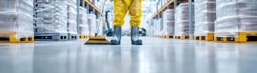 Obraz premium Worker in protective suit stands in a large warehouse, surrounded by neatly stacked packages on shelves, ready for shipping.