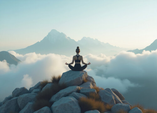 Young woman meditating on mountain peak above clouds at sunrise