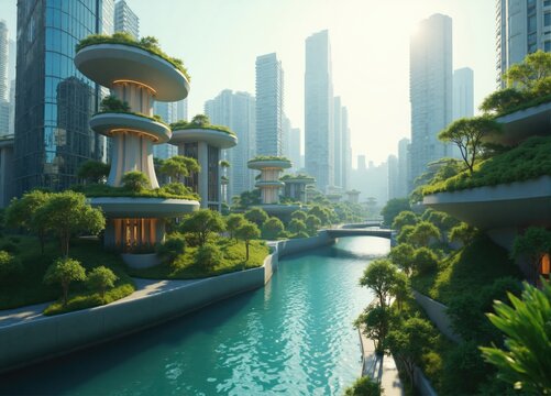 Canal flowing through a futuristic city center with green architecture