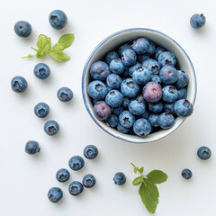 Freshly picked blueberries in bowl with scattered berries and mint leaves