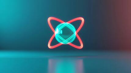 Stylized atomic model with glowing orbits in blue and red colors, set against a dark background, representing atomic structure and energy.