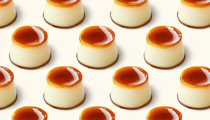Repeating pattern of creme brulee with caramelized tops on a light ivory background, adding a sophisticated dessert feel