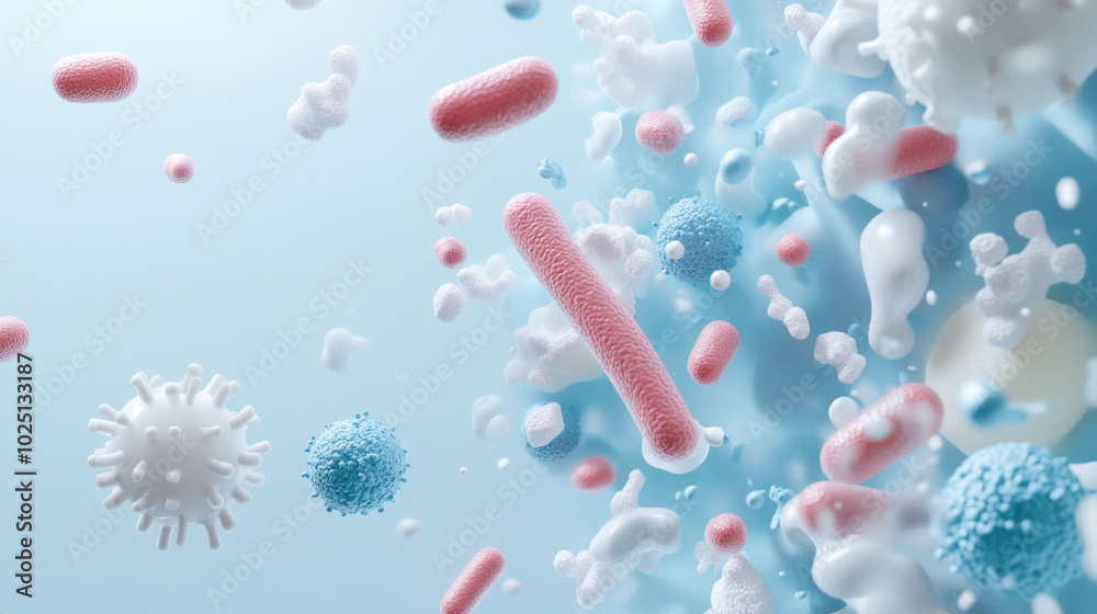 Poster Microbial life in clusters showcases vibrant 3D organic design with various bacteria and microorganisms. colorful representation highlights diversity and complexity of microscopic life