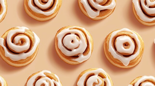 Seamless pattern of cinnamon rolls with icing drizzled on a light brown background, creating a warm, comforting dessert vibe