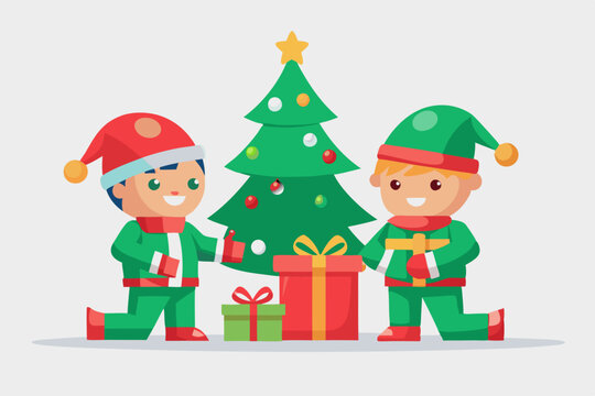 Dos ni&ntilde;os vestidos como elfos colocando regalos debajo del &aacute;rbol de Navidad.
