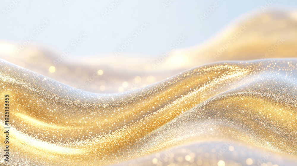 Poster golden glitter particles cascading in gentle flow create mesmerizing visual effect, evoking sense of