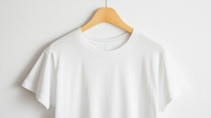 simple white crew neck t shirt is elegantly displayed on wooden hanger against clean background, showcasing its minimalist design and versatility