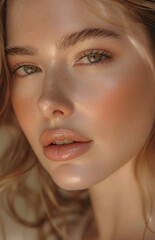 Naklejka premium Portrait of smiling woman model posing in profile, close up of beautiful female, with healthy skin