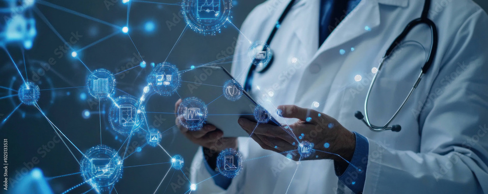 Poster healthcare professional analyzing patient data with digital interface