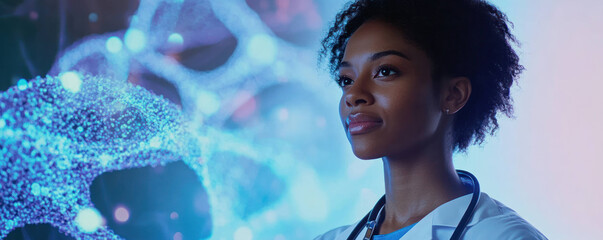 healthcare professional standing confidently with stethoscope, showcasing futuristic background of blue and purple digital patterns