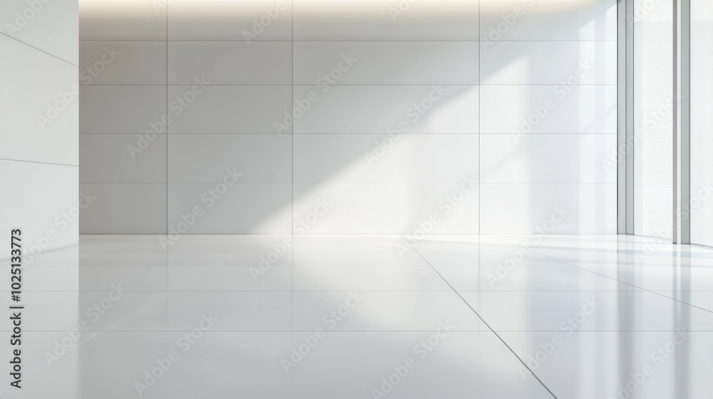 Poster serene room with clean white tile floor, illuminated by natural light streaming through large window