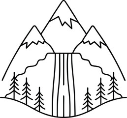 A wonderful waterfall mountain outline vector art and line art illustration design. Mountain line. Simple minimal landscape. Linear silhouette of mountains. Outline rocky peaks icon, contour line.