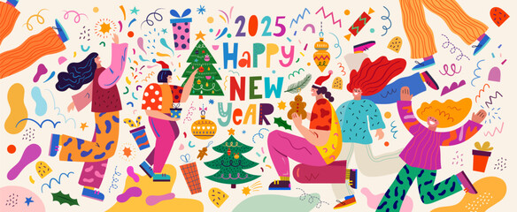 2025 Happy New Year.. 2025 vector illustration with funny people characters. New Year holiday decorative card. People celebrate the New Year. New Year holiday background