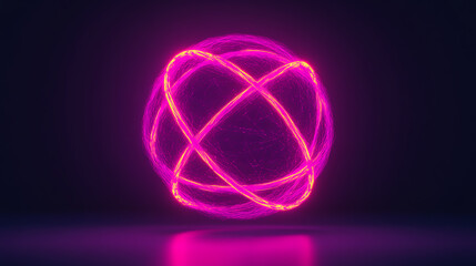 A vibrant, glowing pink atom-like sphere representing energy, science, and innovation set against a dark backdrop.