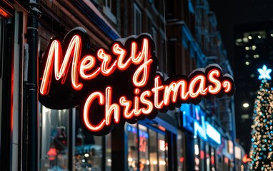 Bright neon sign spelling out "Merry Christmas," casting colorful light onto a snowy street scene filled with holiday shoppers