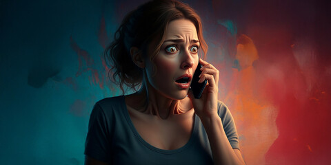 Scared Woman on Cell Phone, Emotion Face Reaction, Intense Fear, Fearful Afraid Backdrop