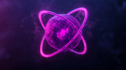 A vibrant, glowing atom model with purple hues, representing atomic structure and energy on a dark background, perfect for scientific themes.