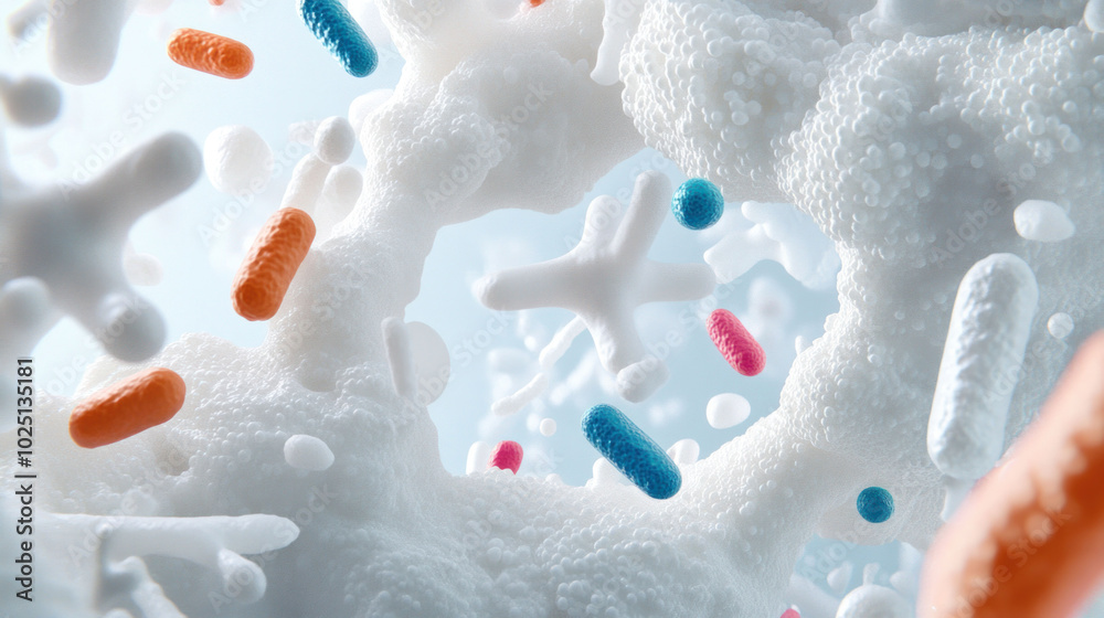 Poster microbial life in 3d organic formation with colorful textures and shapes, showcasing vibrant ecosyst
