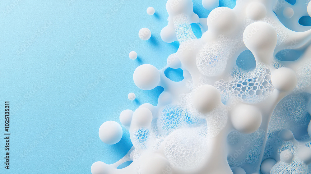 Poster organic microbial textures forming clusters with soft, bubbly appearance against light blue backgrou