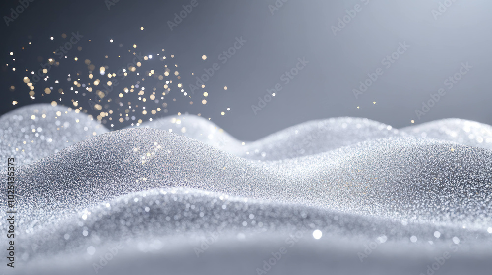 Poster Shimmering glitter particles flow across textured surface, creating mesmerizing visual effect. soft waves of sparkling material evoke sense of elegance and beauty