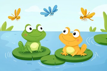 Obraz premium Charming little frogs sitting on lily pads, with dragonflies buzzing around, on a light blue pond background
