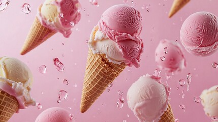   An image of a collection of ice cream cones adorned with pink frosting set against a pastel backdrop, with water droplets cascading from the frozen desserts