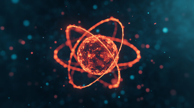 A vibrant representation of an atom with swirling electrons against a cosmic background. Perfect for educational and scientific illustrations.