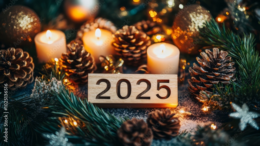 Wall mural 2025 Christmas Decor: A rustic and elegant holiday scene featuring a wooden block with the year 2025, surrounded by flickering candles, pine cones, and twinkling fairy lights.