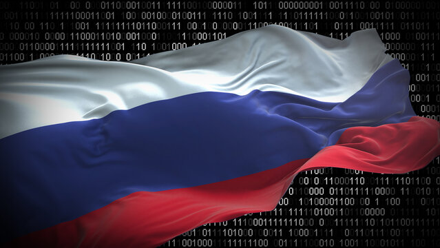 Binary code on flag of Russia. Program source code or Hacker concept on Russian flag. Russia digital technology security, hacking or programming