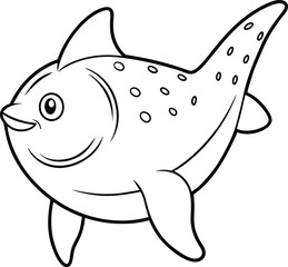 An ocean sunfish outline vector art and line art illustration design. Black and white cartoon sunfish character, coloring book for children.