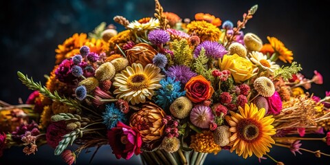 Dried Colorful Flower Bouquet on Dark Background with Shallow Depth of Field for Elegant Home Decor and Floral