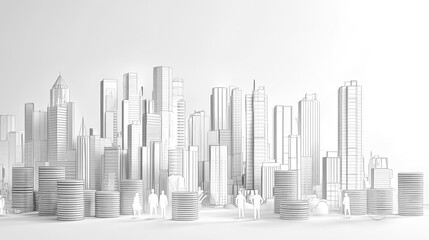 Fototapeta premium A digital illustration depicting coins and stacks, with city buildings, business icons, and people silhouettes illustrated in white lines on a light background.