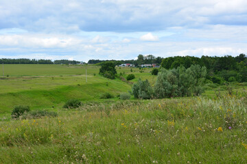 Fototapeta premium the farm is located in the valley with green grass and cloudy sky 