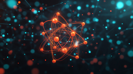 Abstract representation of an atom with particles, glowing in a cosmic background of blue and orange lights, symbolizing energy and innovation.