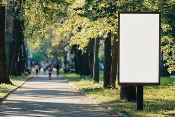 Blank vertical billboard in a park with walking path