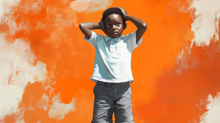 An illustration of a boy who looks worried or confused, holding his hands behind his head against a bright orange abstract background. He is dressed in a white shirt and gray shorts