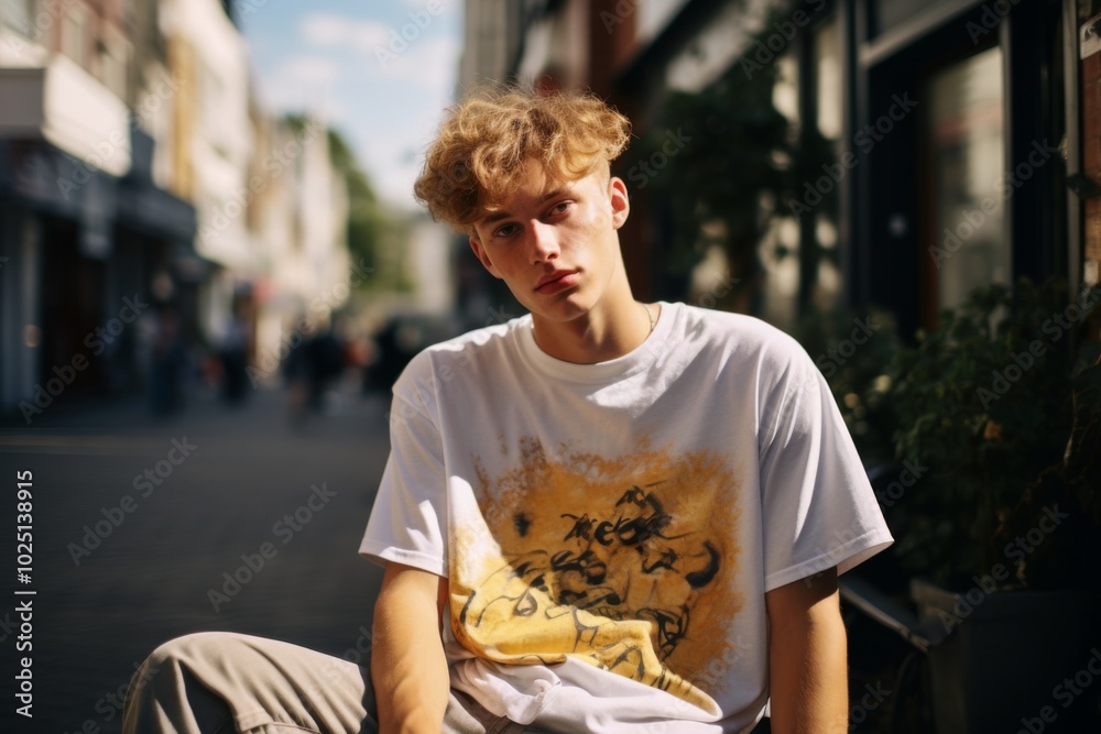 Wall mural A young man wearing a white shirt with the words 