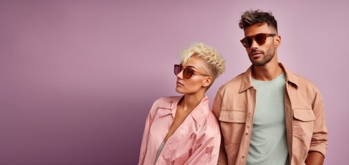 Obraz premium A man and a woman are standing next to each other, both wearing sunglasses