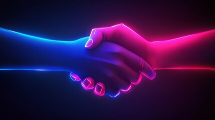 Handshake in Digital Futuristic Style: A Vector Illustration Representing Partnership, Collaboration, and Teamwork with Light Effects and Neon Accents