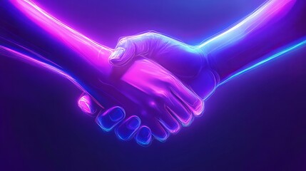 Handshake in Digital Futuristic Style: A Vector Illustration Representing Partnership, Collaboration, and Teamwork with Light Effects and Neon Accents