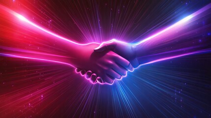 Handshake in Digital Futuristic Style: A Vector Illustration Representing Partnership, Collaboration, and Teamwork with Light Effects and Neon Accents