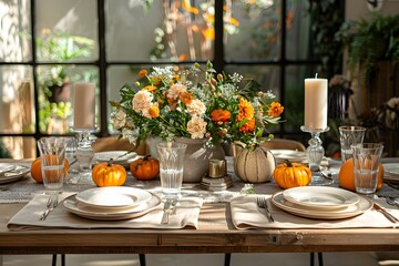 Elegant Autumn Table Setting with Floral Centerpiece and Pumpkins