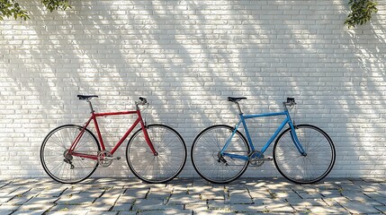  Two bikes parked beside each other in front of a white brick wall with a tree shadow