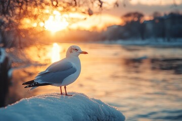 Seagull standing on a snow-covered surface during sunset